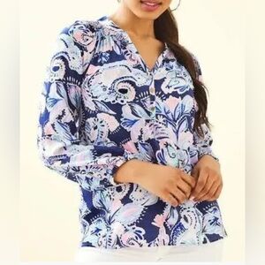 Lilly Pulitzer Elsa Top in High Tide Navy Holy Flockamolie Size Medium